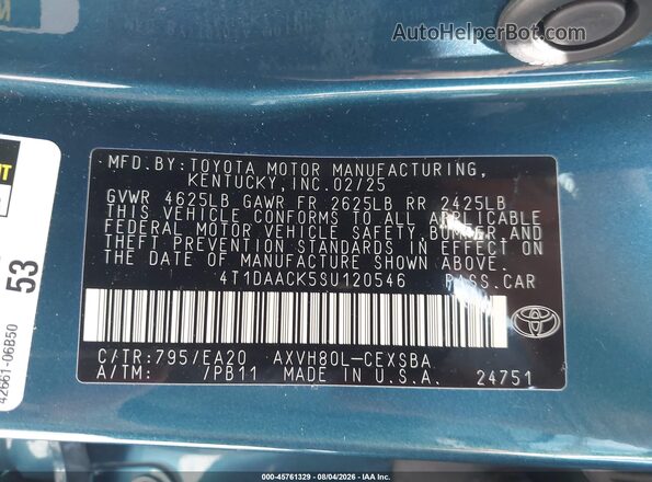 4T1DAACK5SU120546 2025 TOYOTA CAMRY Blue Vista del compartimento del motor