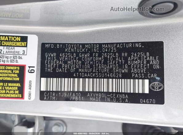 4T1DAACK5SU146628 2025 TOYOTA CAMRY Silver Շարժիչի բաժամունքի տեսք