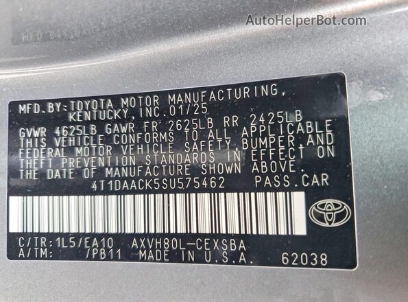 4T1DAACK5SU575462 2025 TOYOTA CAMRY Серый Вид наклейки с VIN-кодом