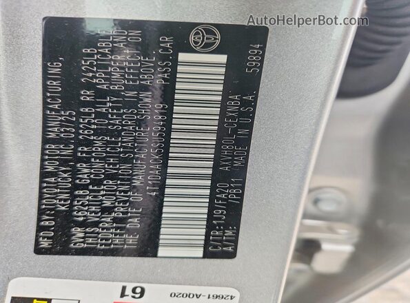 4T1DAACK5SU594819 2025 TOYOTA CAMRY Silver VIN sticker view