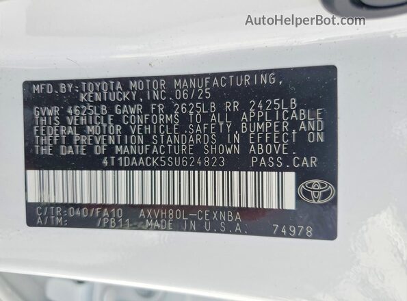 4T1DAACK5SU624823 2025 TOYOTA CAMRY Белый Вид наклейки с VIN-кодом