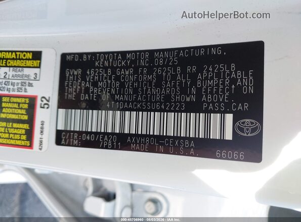 4T1DAACK5SU642223 2025 TOYOTA CAMRY White Շարժիչի բաժամունքի տեսք