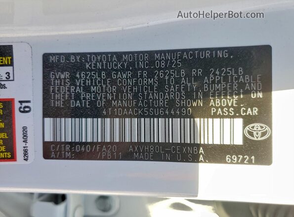 4T1DAACK5SU644490 2025 TOYOTA CAMRY White VIN sticker view