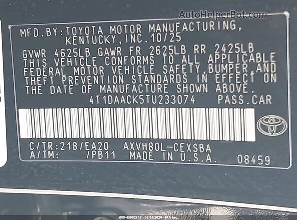 4T1DAACK5TU233074 2026 TOYOTA CAMRY Черный Вид подкапотного пространства