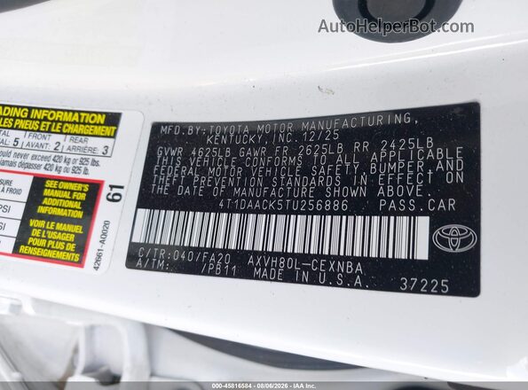 4T1DAACK5TU256886 2026 TOYOTA CAMRY White Engine compartment view