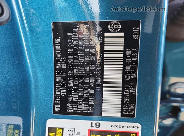 4T1DAACK5TU656365 2026 TOYOTA CAMRY Turquoise Շարժիչի բաժամունքի տեսք