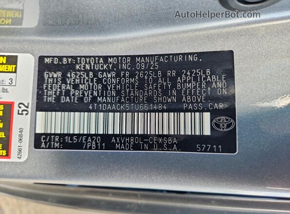 4T1DAACK5TU661484 2026 TOYOTA CAMRY Silver Widok naklejki z numerem VIN