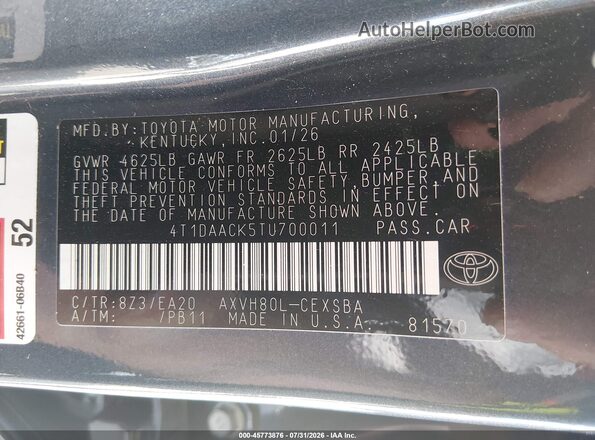 4T1DAACK5TU700011 2026 TOYOTA CAMRY Dark Blue Widok komory silnika