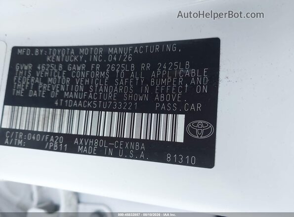 4T1DAACK5TU733221 2026 TOYOTA CAMRY White Engine compartment view