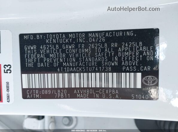 4T1DAACK5TU741738 2026 TOYOTA CAMRY White Widok komory silnika