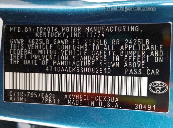 4T1DAACK6SU082910 2025 TOYOTA CAMRY Blue Вид наклейки з VIN-кодом