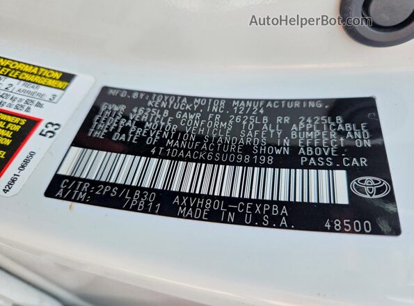 4T1DAACK6SU098198 2025 TOYOTA CAMRY White Շարժիչի բաժամունքի տեսք