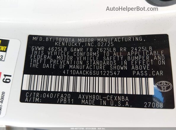 4T1DAACK6SU122547 2025 TOYOTA CAMRY White Widok komory silnika