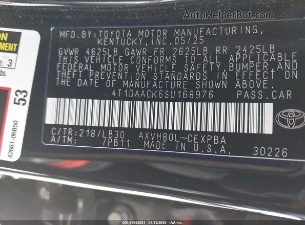 4T1DAACK6SU168976 2025 TOYOTA CAMRY Black ძრავის განყოფილების ხედი
