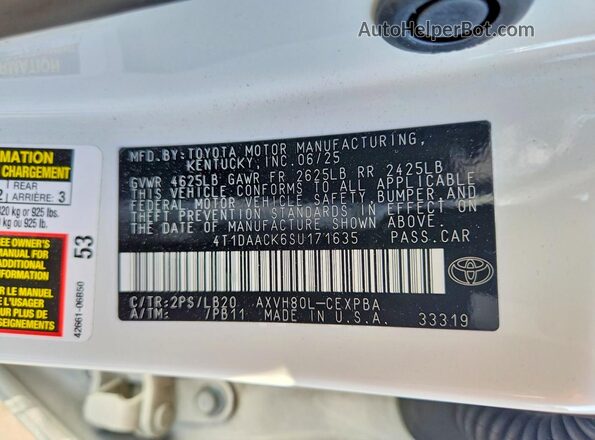 4T1DAACK6SU171635 2025 TOYOTA CAMRY Белый Вид подкапотного пространства