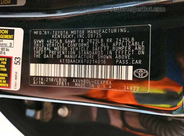 4T1DAACK6TU214016 2026 TOYOTA CAMRY Black VIN կոդի պիտակի տեսք