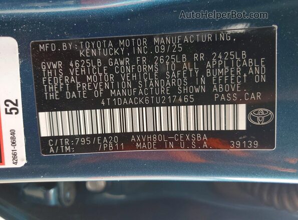 4T1DAACK6TU217465 2026 TOYOTA CAMRY Blue ძრავის განყოფილების ხედი