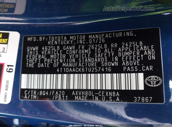 4T1DAACK6TU257416 2026 TOYOTA CAMRY Blue Вид підкапотного простору
