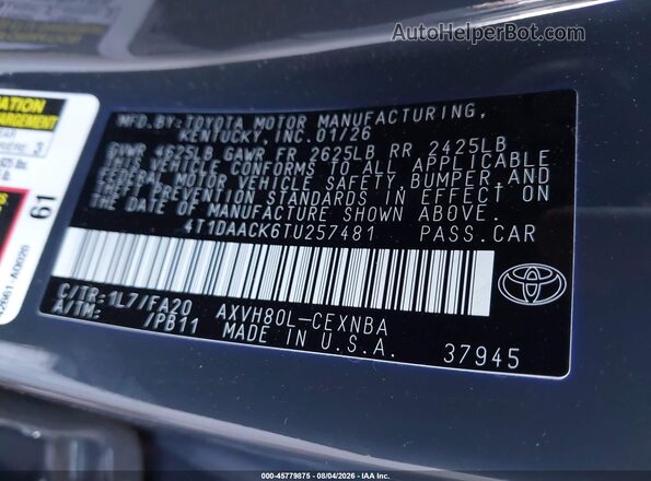 4T1DAACK6TU257481 2026 TOYOTA CAMRY Blue Widok komory silnika