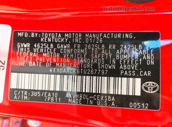 4T1DAACK6TU267797 2026 TOYOTA CAMRY Burgundy Widok naklejki z numerem VIN