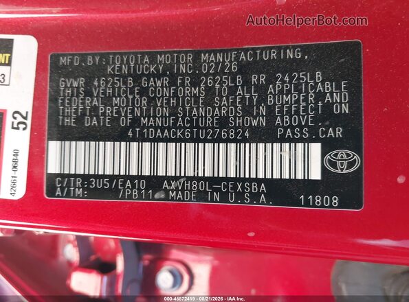 4T1DAACK6TU276824 2026 TOYOTA CAMRY Red Շարժիչի բաժամունքի տեսք