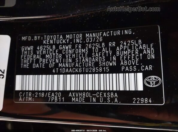 4T1DAACK6TU285815 2026 TOYOTA CAMRY Black Engine compartment view