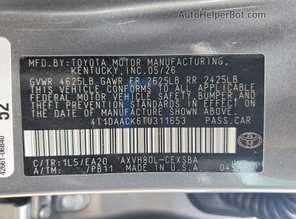 4T1DAACK6TU311653 2026 TOYOTA CAMRY Gray VIN sticker view