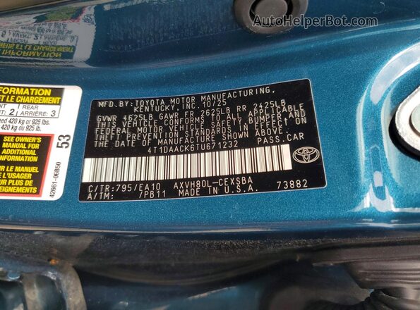 4T1DAACK6TU671232 2026 TOYOTA CAMRY Blue VIN sticker view