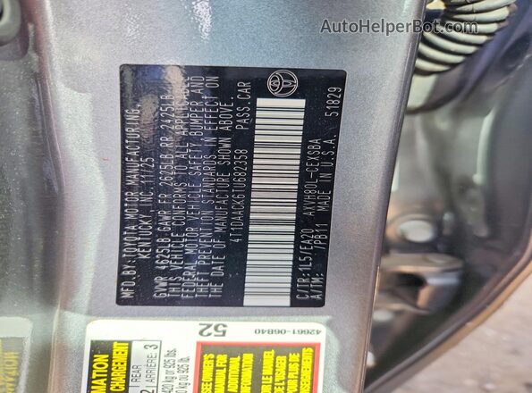 4T1DAACK6TU682358 2026 TOYOTA CAMRY Gray VIN կոդի պիտակի տեսք