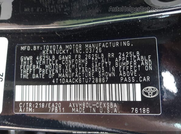 4T1DAACK6TU728867 2026 TOYOTA CAMRY Black ძრავის განყოფილების ხედი