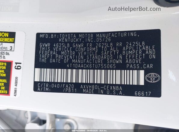 4T1DAACK6TU755065 2026 TOYOTA CAMRY White Вид підкапотного простору