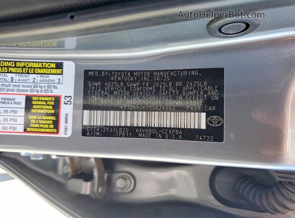 4T1DAACK7SU624662 2025 TOYOTA CAMRY Gray VIN sticker view