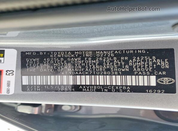 4T1DAACK7TU280381 2026 TOYOTA CAMRY Silver VIN კოდის სტიკერის ხედი