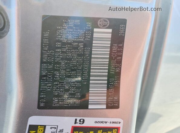 4T1DAACK8SU124803 2025 TOYOTA CAMRY Серебряный Вид подкапотного пространства