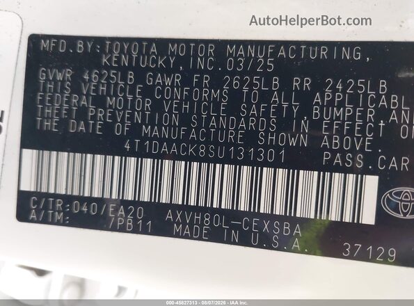 4T1DAACK8SU131301 2025 TOYOTA CAMRY White Widok komory silnika