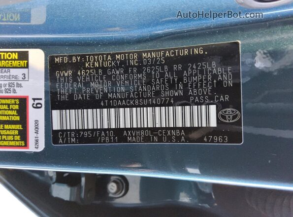 4T1DAACK8SU140774 2025 TOYOTA CAMRY Teal VIN კოდის სტიკერის ხედი