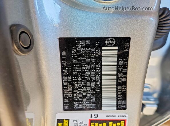 4T1DAACK8SU154853 2025 TOYOTA CAMRY Серебряный Вид наклейки с VIN-кодом