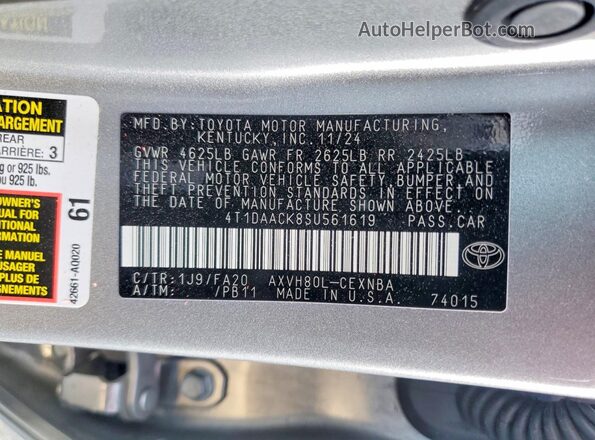 4T1DAACK8SU561619 2025 TOYOTA CAMRY Серебряный Вид наклейки с VIN-кодом