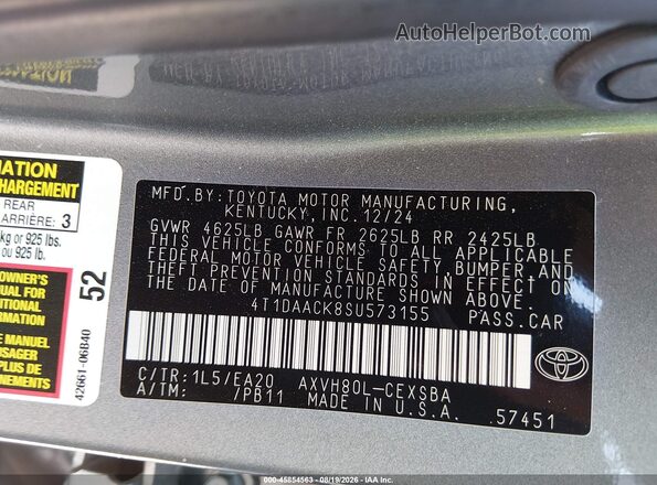 4T1DAACK8SU573155 2025 TOYOTA CAMRY Gray Widok komory silnika