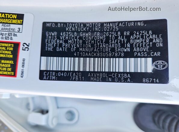 4T1DAACK8SU587878 2025 TOYOTA CAMRY White Շարժիչի բաժամունքի տեսք