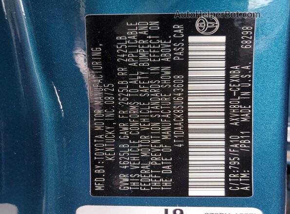 4T1DAACK8SU643608 2025 TOYOTA CAMRY Бирюзовый Вид подкапотного пространства