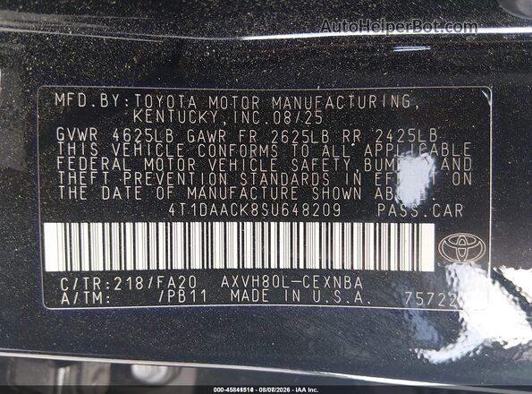 4T1DAACK8SU648209 2025 TOYOTA CAMRY Black Vista del compartimento del motor