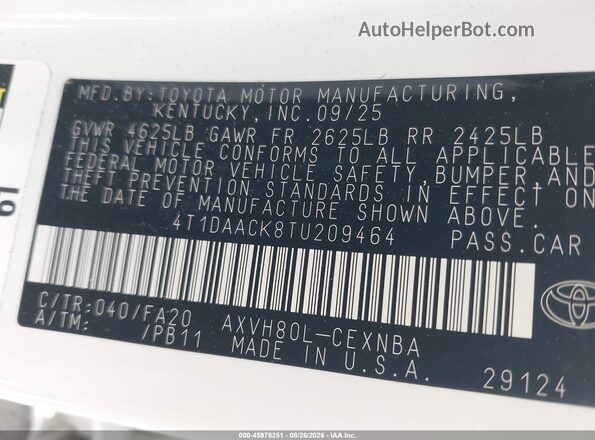 4T1DAACK8TU209464 2026 TOYOTA CAMRY White Vista del compartimento del motor