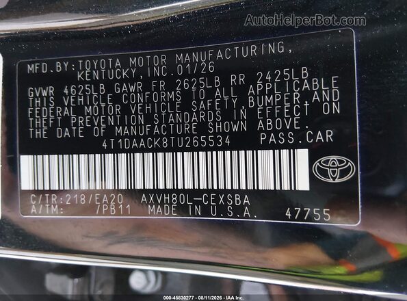 4T1DAACK8TU265534 2026 TOYOTA CAMRY Black Widok komory silnika