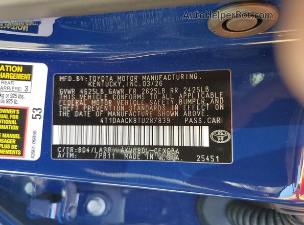 4T1DAACK8TU287839 2026 TOYOTA CAMRY Blue Widok naklejki z numerem VIN