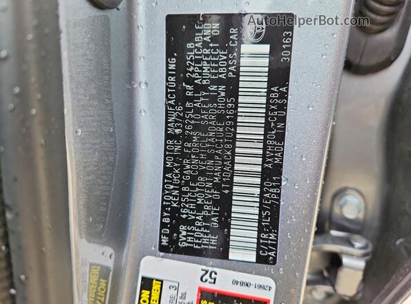 4T1DAACK8TU291695 2026 TOYOTA CAMRY Gray Вид наклейки з VIN-кодом