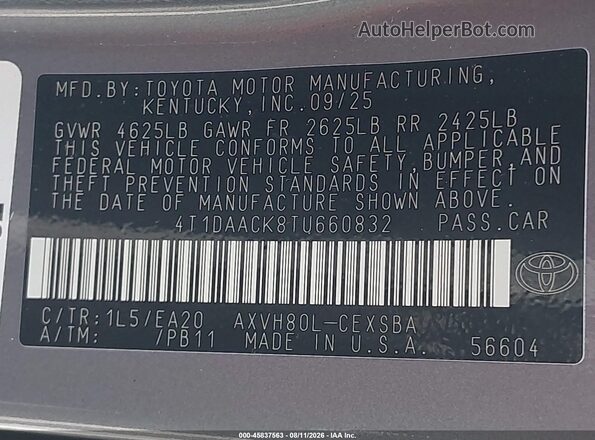 4T1DAACK8TU660832 2026 TOYOTA CAMRY Gray ძრავის განყოფილების ხედი