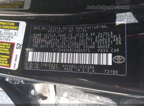 4T1DAACK8TU694575 2026 TOYOTA CAMRY Black ძრავის განყოფილების ხედი