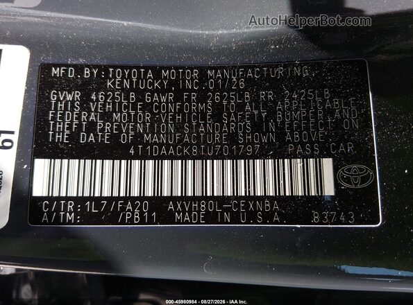 4T1DAACK8TU701797 2026 TOYOTA CAMRY Gray Շարժիչի բաժամունքի տեսք