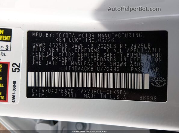 4T1DAACK8TU772496 2026 TOYOTA CAMRY White Вид підкапотного простору